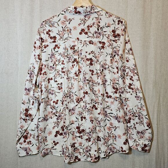 MAURICES Collared V-Neck Top Cream With Pink Floral Design Long Sleeve XXL - Picture 7 of 8